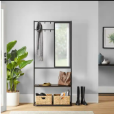 StyleWell Modern Black Metal and Wood Hall Tree with Mirror
