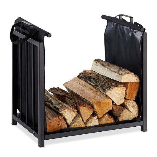 15 in. Black Metal Firewood Rack with Tote