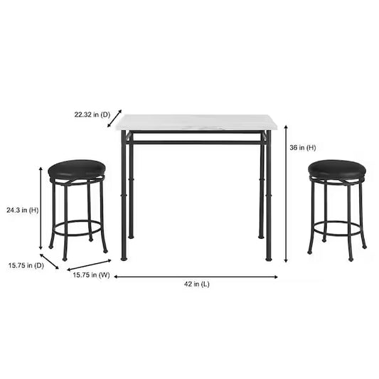 Black Metal 3 Piece Dining Set with Faux Marble Top
