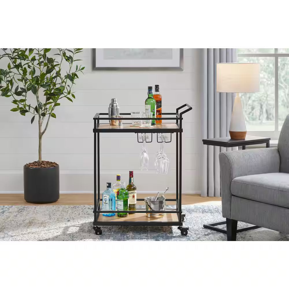 StyleWell Black Metal Bar Cart with Natural Wood Shelves