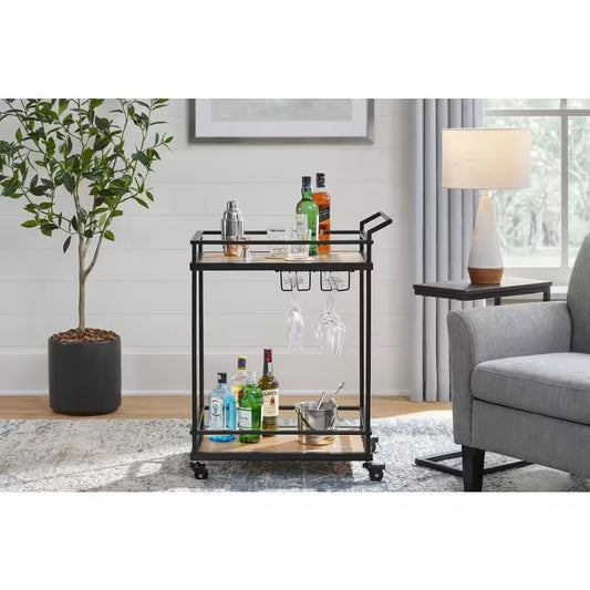StyleWell Black Metal Bar Cart with Natural Wood Shelves