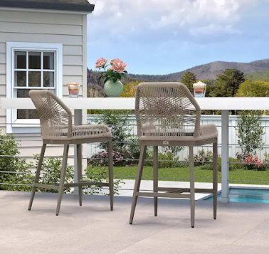 Taburete de bar moderno para exterior, de mimbre tejido en sarga de aluminio, con respaldo y cojín gris Sunbrella