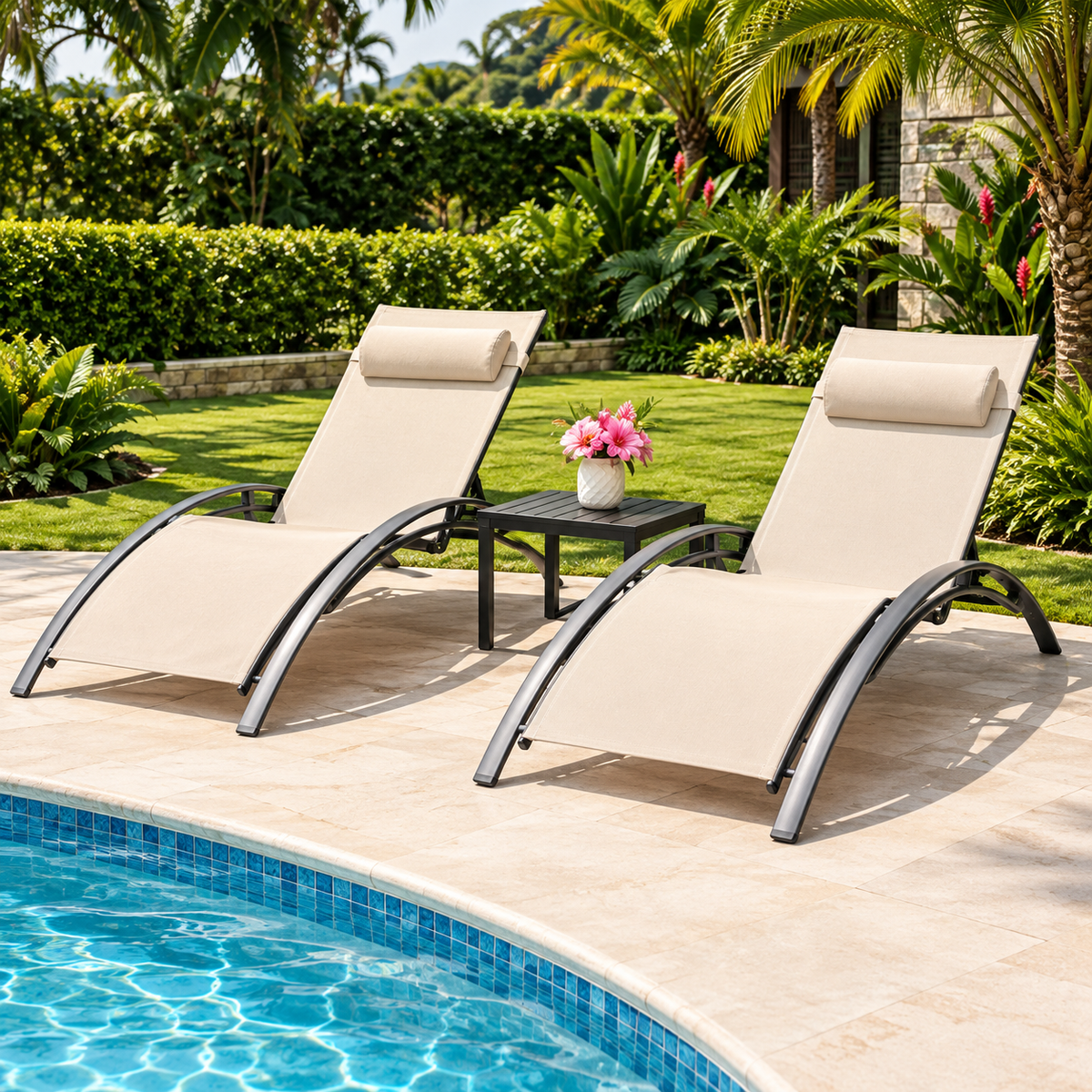 Tumbona de Exterior Color Beige con Estructura Curva – Ideal para Piscina y Terraza