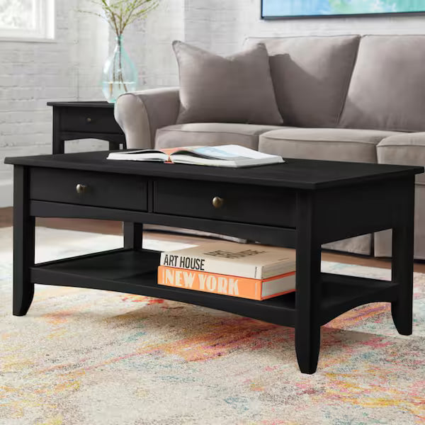 StyleWell Mesa de centro rectangular Cedar Springs de madera negra carbón con 2 cajones (106,68 cm de ancho x 46 cm de alto)