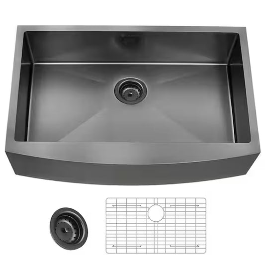 Glacier Bay 36 in. Farmhouse_Apron-Front Single Bowl 18 Gauge Gunmetal Black Stainless Steel Kitchen Sink