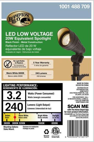 Hampton Bay Foco LED integrado para exteriores de bajo voltaje, equivalente a 20 vatios, color negro - Cueva de Machos 2.0