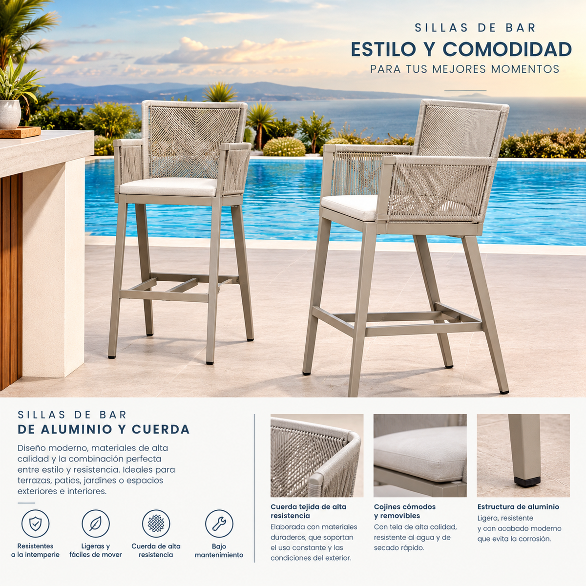 Silla de Bar de Aluminio y Cuerda – Diseño Moderno