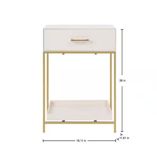 Mesita de noche de madera color marfil con 1 cajón  Estructura Metálica (18,11 pulgadas de ancho x 26 pulgadas de alto).