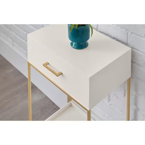 StyleWell Mesita de noche de madera color marfil con 1 cajón  Estructura Metálica