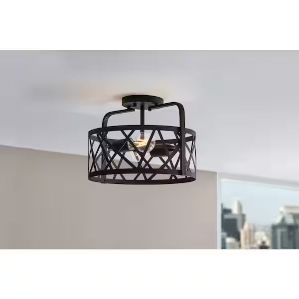 Hampton Bay Lámpara de techo semiempotrada Mahre de 13 pulgadas con 2 luces, color negro mate y pantalla metálica con rejilla