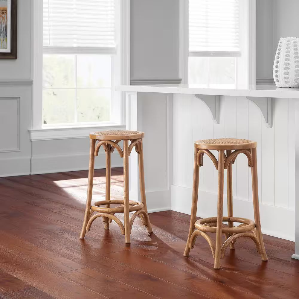 Set de Taburetes  Home Decorators Collection Mavery Patina Oak Finish Backless Wood Counter Stool with Woven Rattan Seat