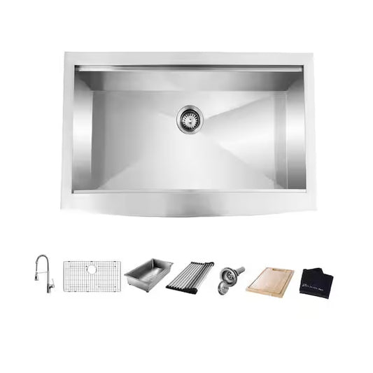 Zero Radius 33 in. Apron-Front Single Bowl 18 Gauge Stainless Steel Workstation Kitchen Sink with Spring Neck Faucet