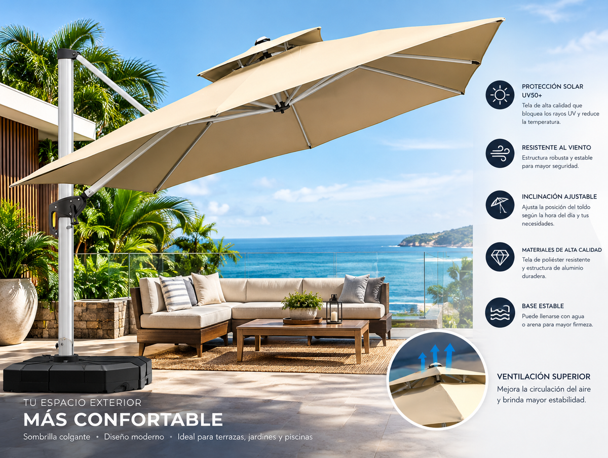 Sombrilla Colgante de Patio Beige  – Diseño Moderno 10X10