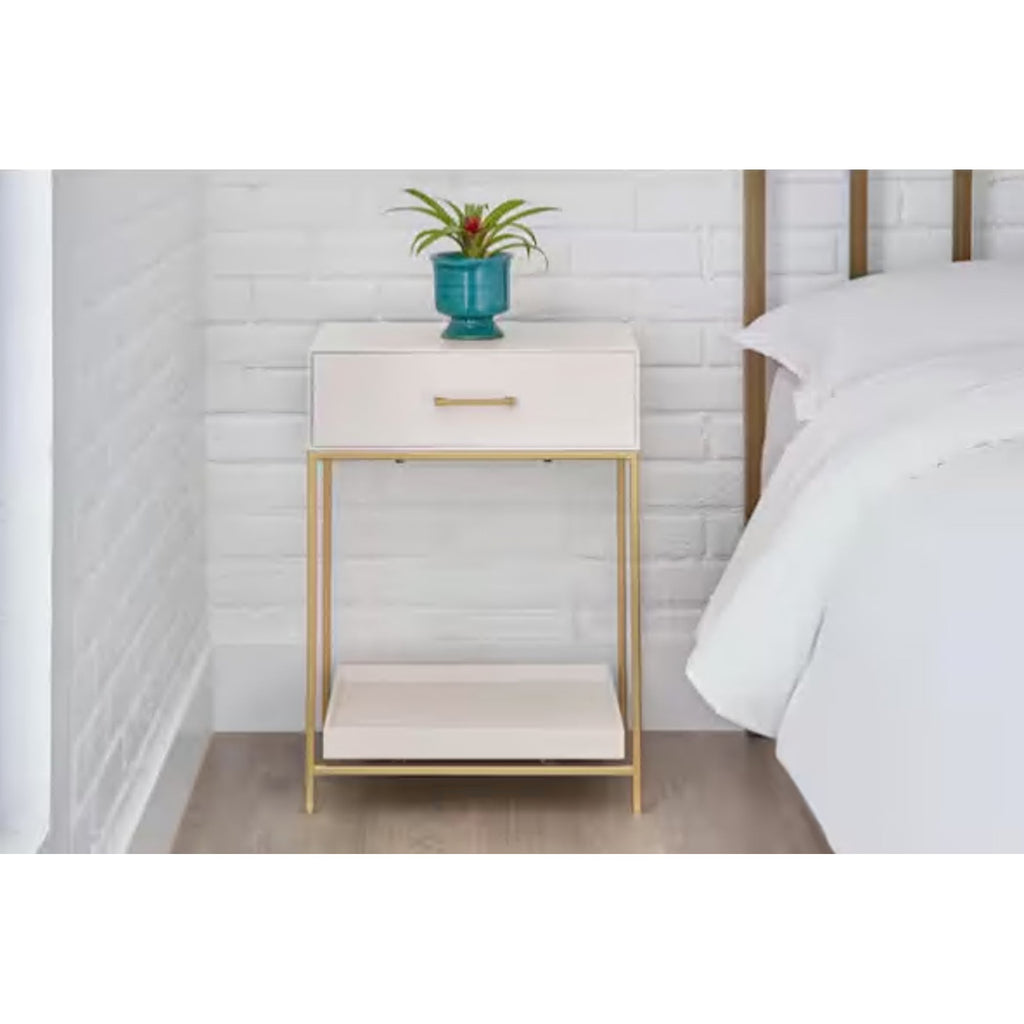 StyleWell Mesita de noche de madera color marfil con 1 cajón Estructura Metálica - Cueva de Machos 2.0
