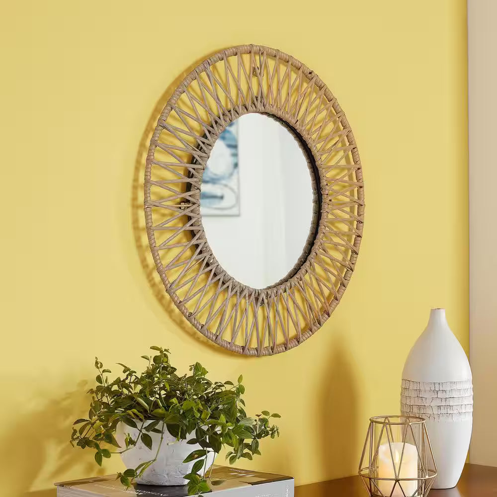 StyleWell Espejo decorativo moderno redondo, marrón, con trenzado de polirratán (diámetro: 61 cm)