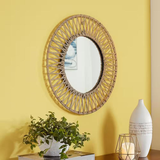 StyleWell Medium Round Brown Modern Accent Mirror with Polyrattan Braiding (24 in. Diameter)