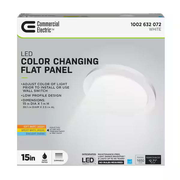 Commercial Electric15 in. 22.5-Watt White Integrated LED 1650 Lumens Edge-Lit Round Flat Panel Flush Mount Ceiling Light w_Color Changing