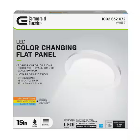 Commercial Electric15 in. 22.5-Watt White Integrated LED 1650 Lumens Edge-Lit Round Flat Panel Flush Mount Ceiling Light w_Color Changing